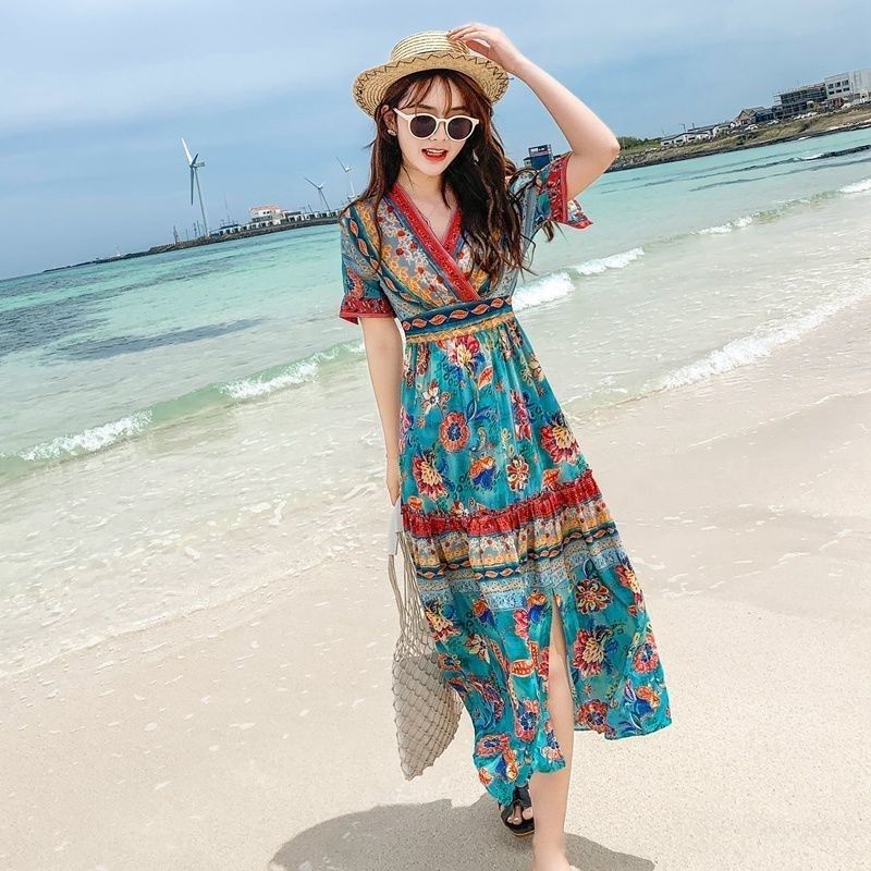 Baju Pantai Wanita Hijab ๑❁✈Gaun rok panjang bunga bohemian putih 2022 musim panas peri baru Sanya l