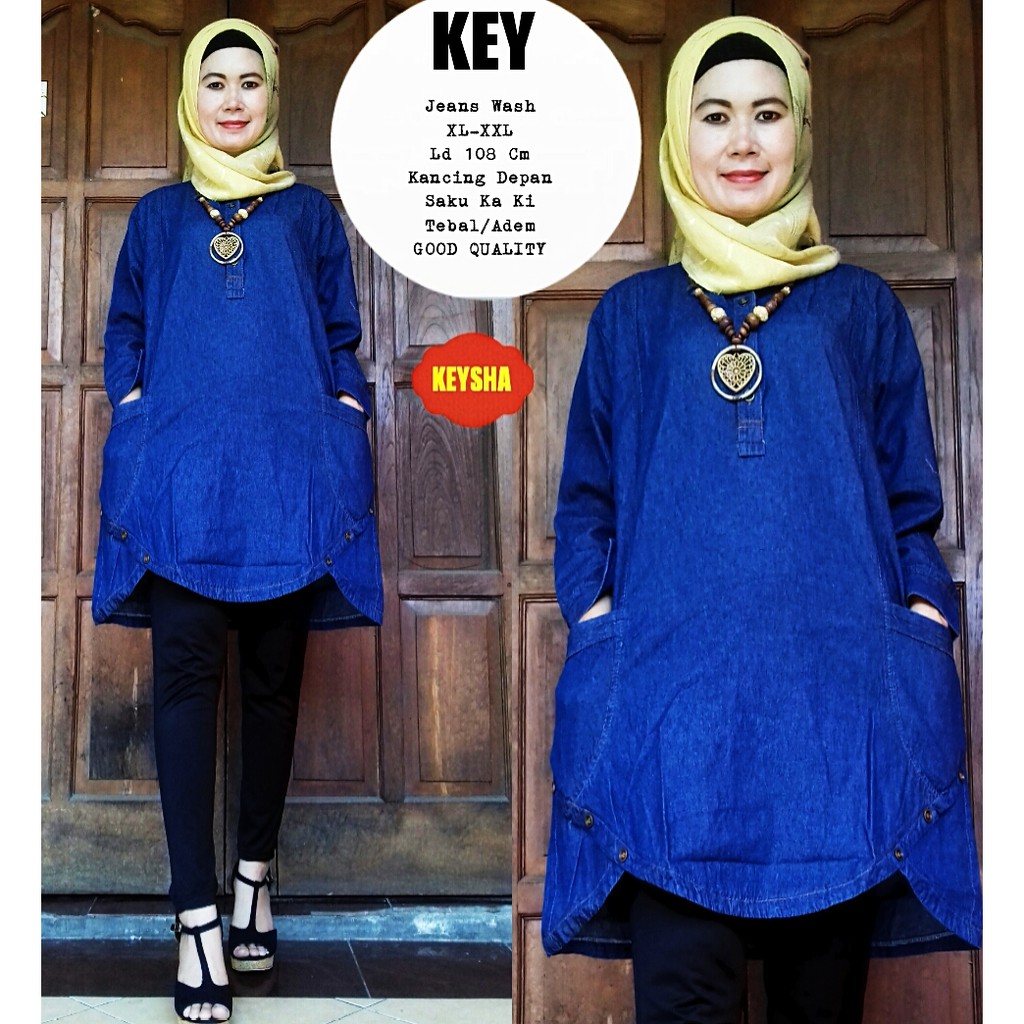 atasan blouse muslim  helby key dark jeans wash denim kekinian  keysha