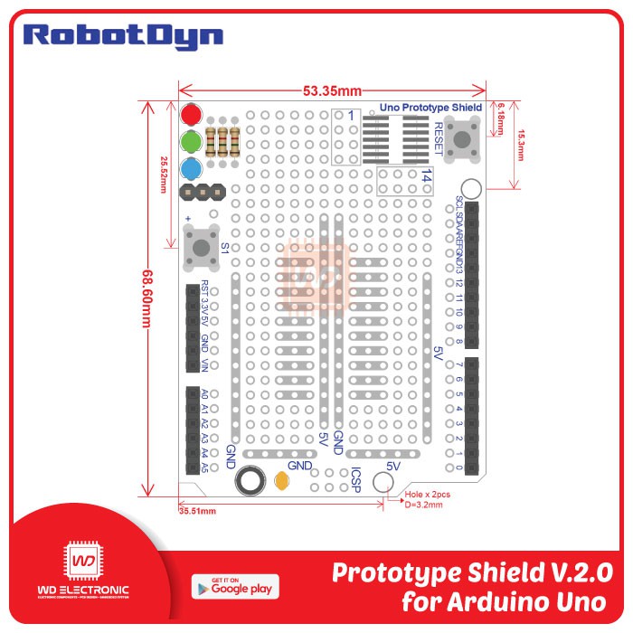 ROBOTDYN PROTOTYPE SHIELD v2.0 ARDUINO UNO PROTO BOARD UNO