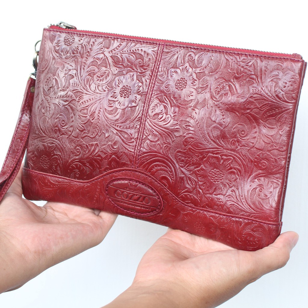 CLUTCH WANITA KULIT ASLI NEVARA KULIT BATIK MERAH / FREE GRAVIR NAMA DI POUCH