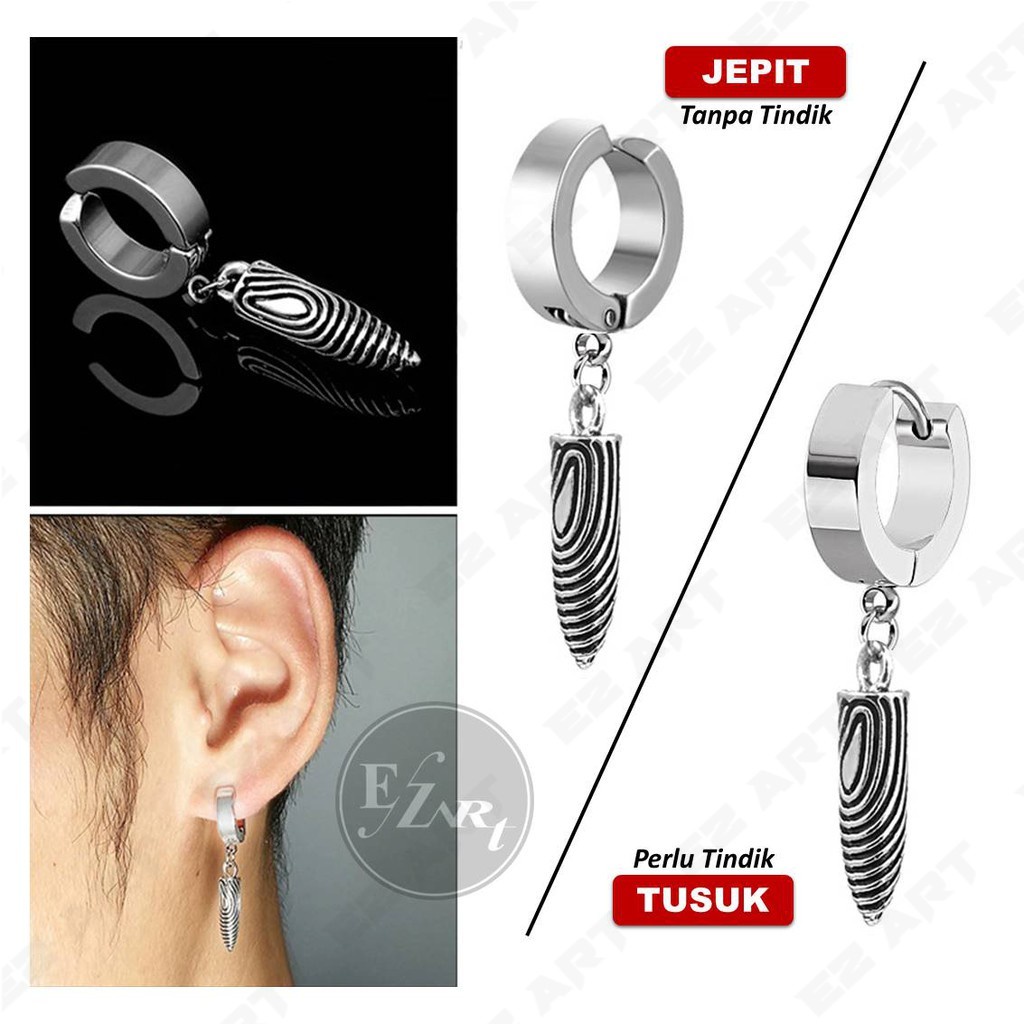 1 BUAH - ANTING PRIA STAINLESS STEEL BANDUL PELURU BULLET TUSUK / JEPIT TINDIK / NON TINDIK