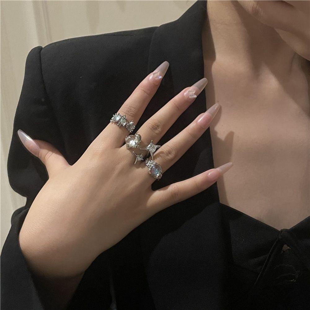 Mxbeauty Wanita Cincin Trendi Ringan Mewah Sederhana Opal Berlian Imitasi Tembaga Zirkon Moonstone Kristal Perempuan Terbuka Ring