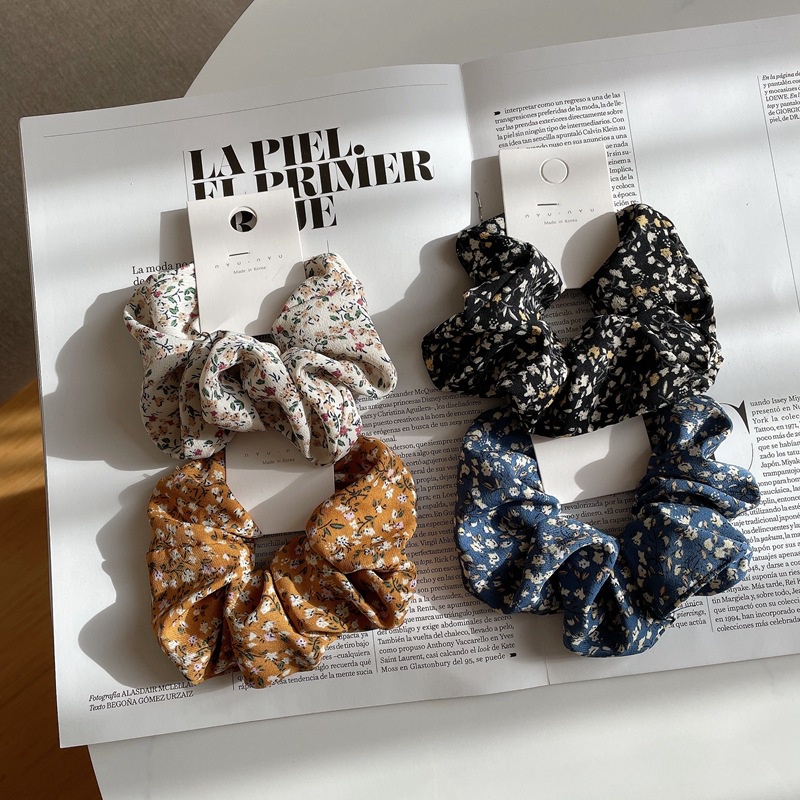 SCRUNCHIE SUMMER KAIN MOTIF BUNGA RETRO SCRUNCHIES WARNA POLOS COTTON BIG BESAR IKAT KARET RAMBUT AKSESORIS ELEGAN KOREA HAIR TIES FLOWER PATTERN RIBBON ACCESSORIES