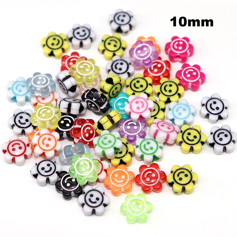 50Pcs Manik-Manik Bunga Smiley Face Bahan Akrilik Ukuran 10mm Untuk Aksesoris Perhiasan Gelang