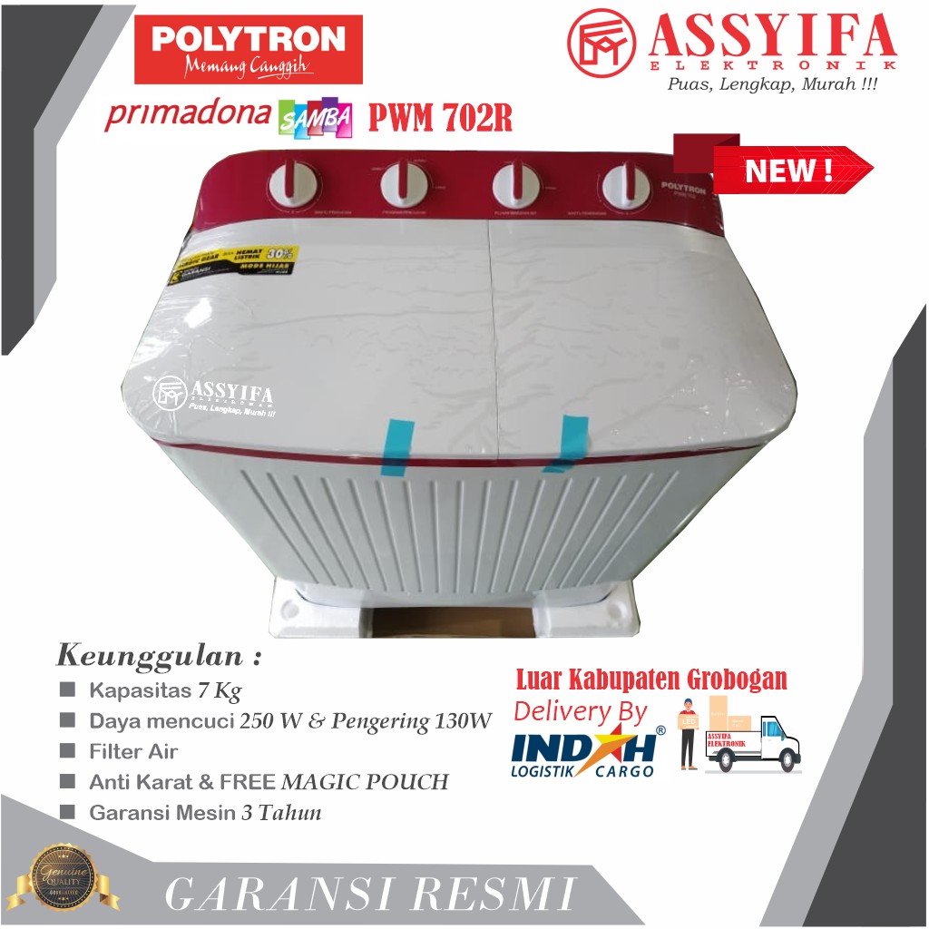 MESIN CUCI POLYTRON 7KG 2 TABUNG PWM702R PRIMADONA NEW GARANSI RESMI