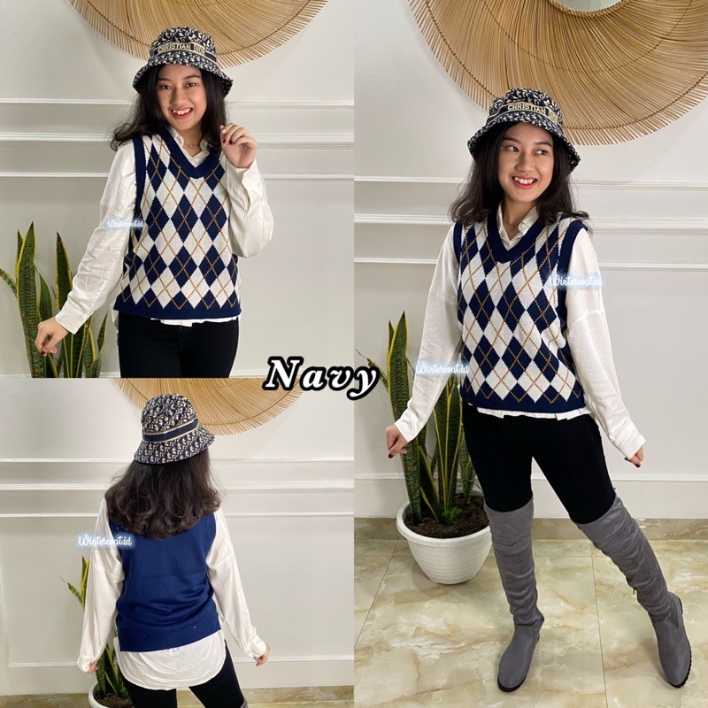 Knitted vest woman rompi rajut wanita import korea hangat winter knit plaid peppy velma v neck