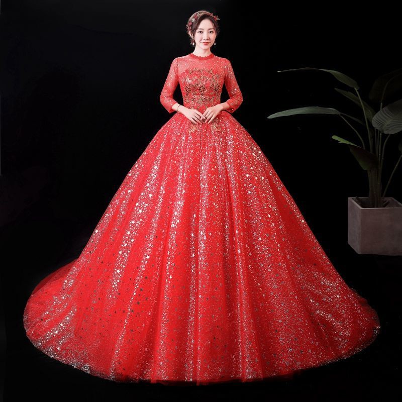 157 Women Fashion Red 3/4 Sleeve Long Tail Lace Wedding Dress