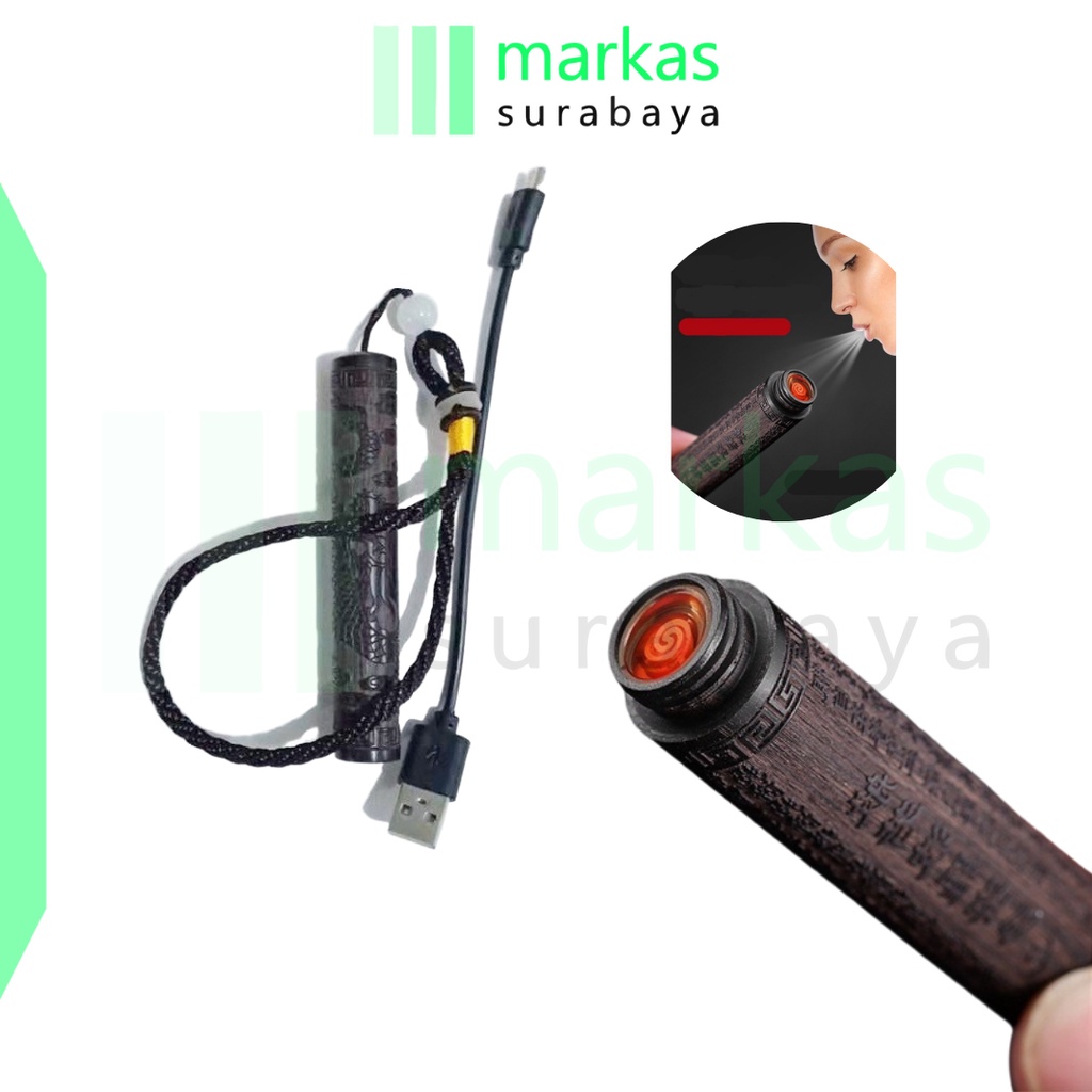 MARKAS HL0261 Korek Api ELektrik Heating Coil USB Lighter Motif Ukiran Kayu