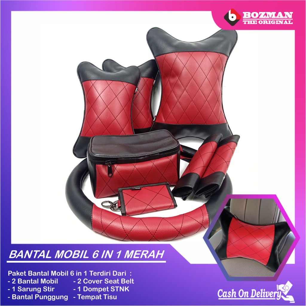 Set Bantal Mobil 6 in 1 Bantal Mobil Seatbelt Sarung Stir Dompet STNK Bantal Pinggang Tempat Tissue Premium