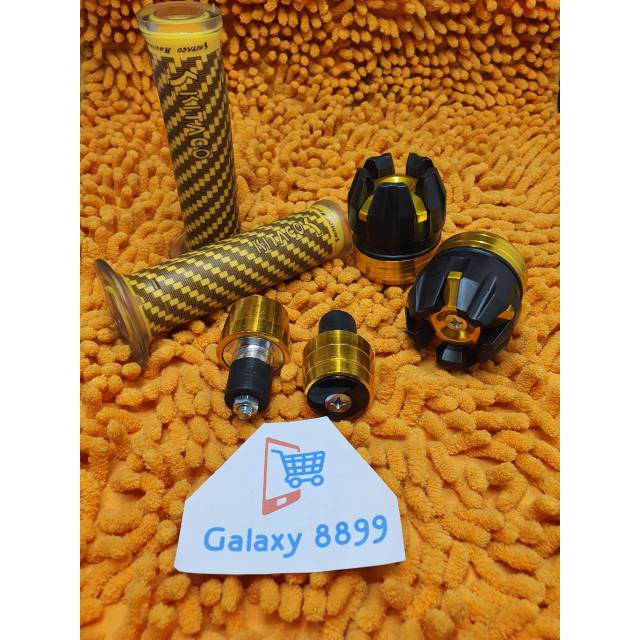 Handgrip karbon kitaco + Jalu As roda depan + Jalu stang gold universal