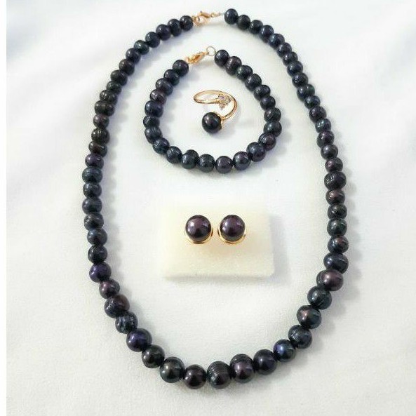 SET PERHIASAN MUTIARA HITAM / ASLI MUTIARA AIR TAWAR LENGKAP SERTIFIKAT