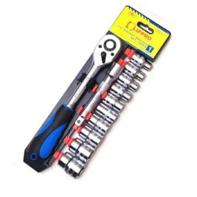 LIPPRO Kunci Sok Set 12 Pcs 6 PT 1/2 DR Socket Set + Rachet.