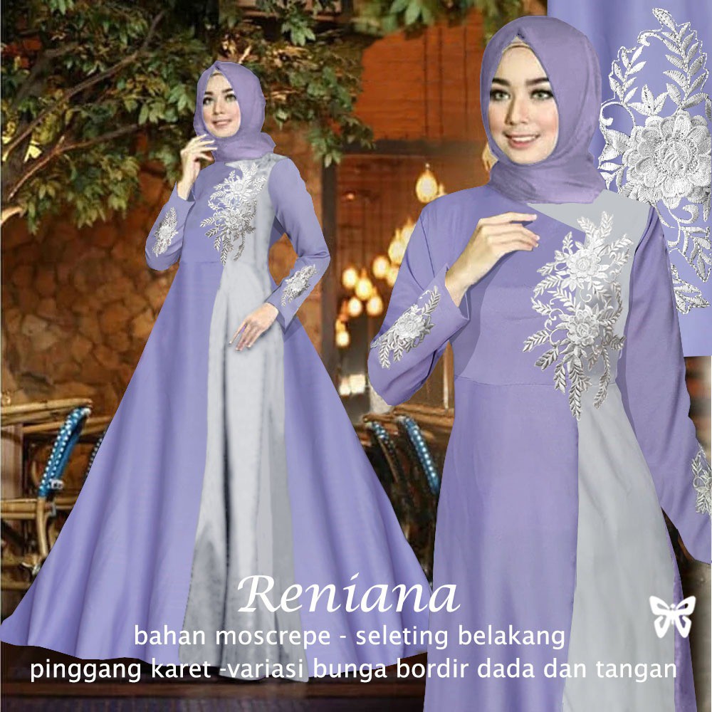 Maxi Gamis Pesta RENIANA L - 5XL Baloteli Emboss Motif Bordir Bunga Mewah Terbaru-Lilac