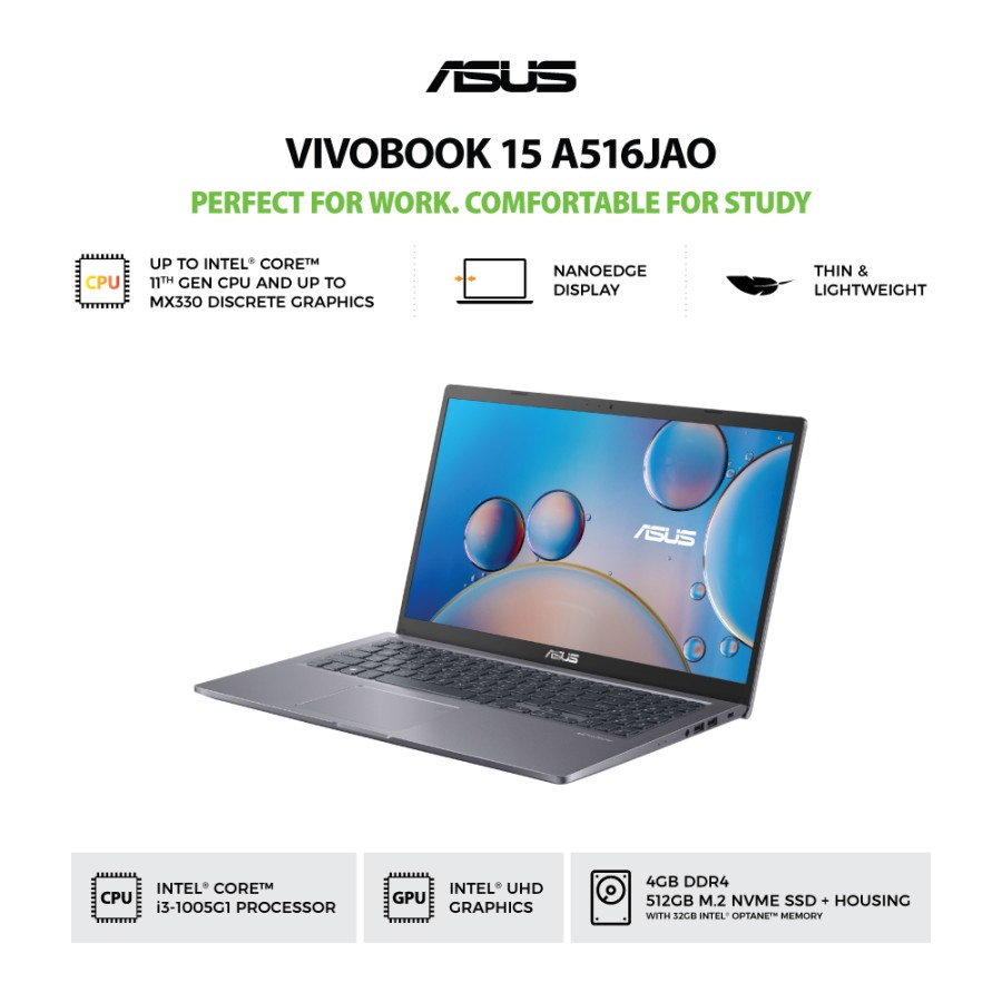 ASUS A516JAO VIPS353+ Core i3 1005G1 4G 512GB 32GB Optane W10 OHS Grey