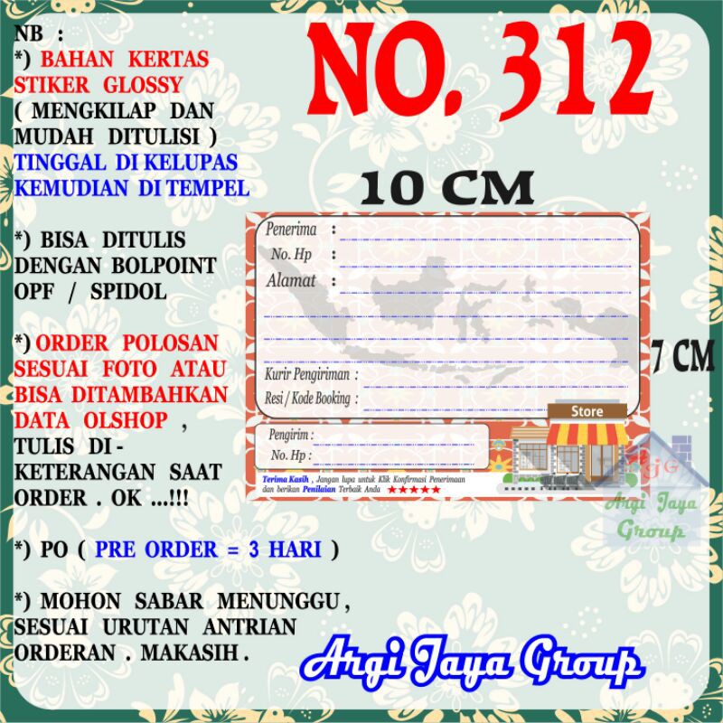 

Stiker Pengiriman - Sticker Alamat Olshop Murah Nomer 312 - 10x7 cm - Glossy