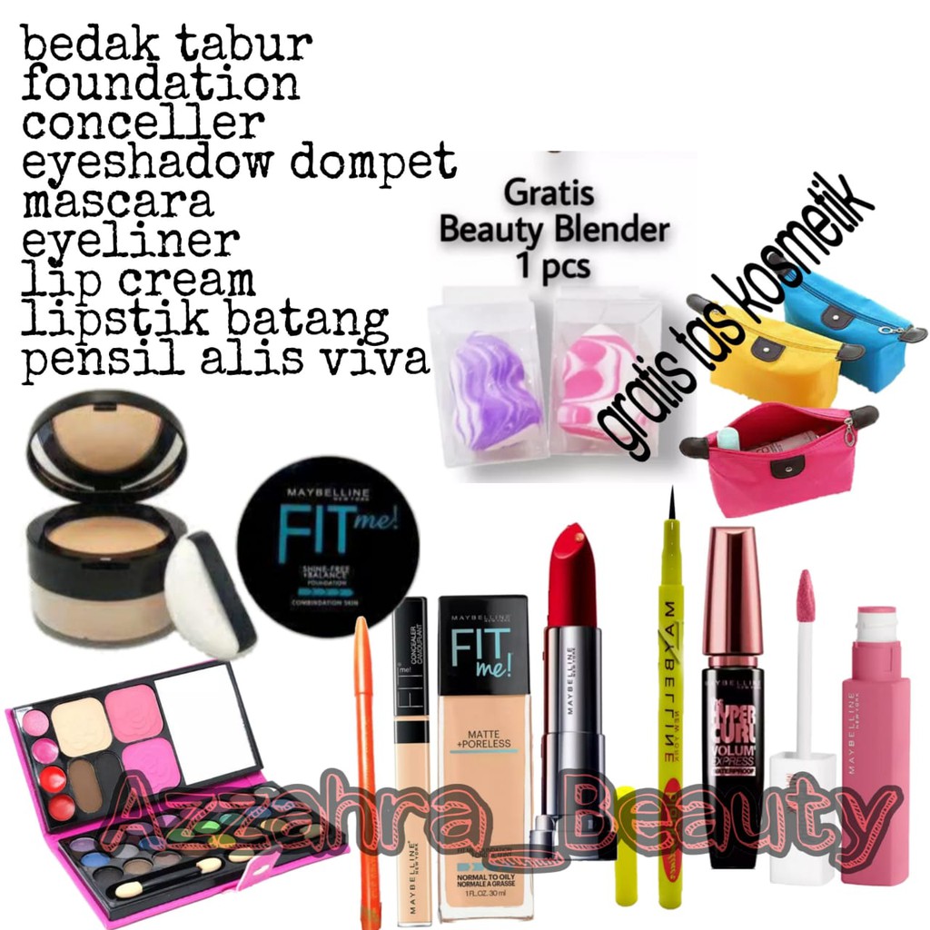 Maybelline Paket Makeup 9 in 1 paket kosmetik wanita lengkap komplit terjangkau penawaran spesial 1 set bedak tabur eyeshadow foundation conceller mascara eyeliner lip cream lipstik batang pensil alis viva gratis beuty blender dan tas kosmetik