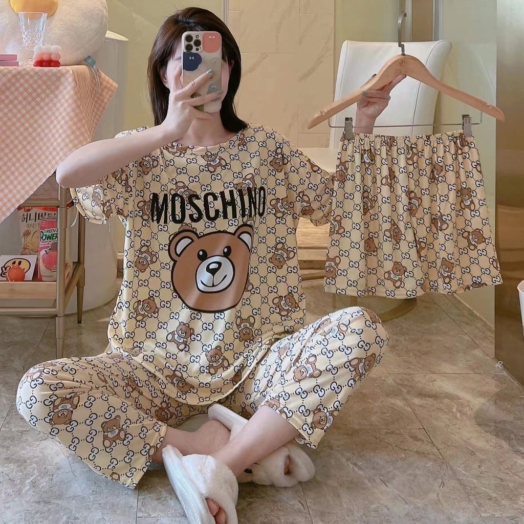 AJW Shop Piyama 3 in 1 | Piyama Lengan Pendek | Baju Tidur Impor | Baju Tidur 3in1-MosC Cream