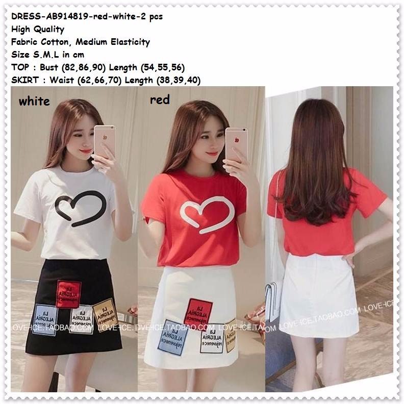 promo Setelan Set Baju Rok Mini Wanita Korea Import Merah Putih Hitam Love murah kualitas bagus