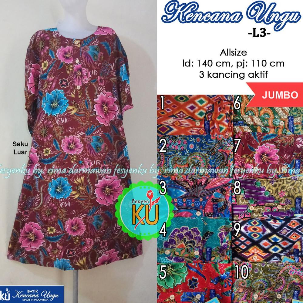 L3 DASTER BATIK KENCANA UNGU ASLI LABEL BIRU 3 KANCING AKTIF LENGAN PENDEK KALONG JUMBO