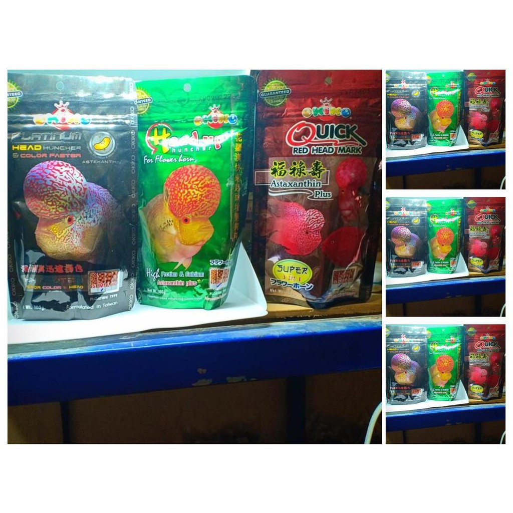 pelet ikan louhan paketan 3 bungkus/okiko merah, hijau dan hitam