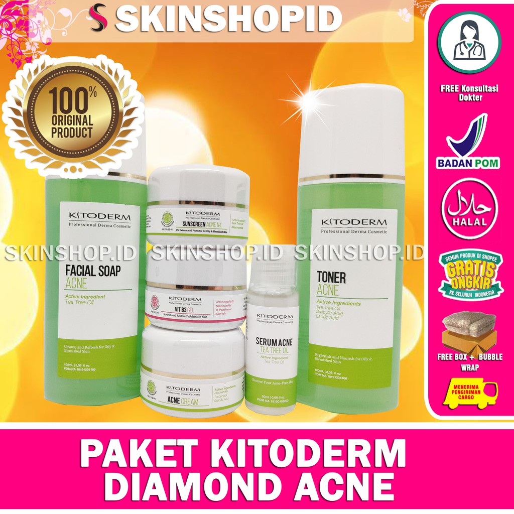PAKET Kitoderm Diamond Acne Original / Paket Anti Jerawat &amp; Bruntusan isi 6 BPOM Aman