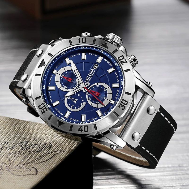 MEGIR 2081 Jam Tangan Pria Analog Chronograph Tali Kulit Luminous WATCHKITE WKOS