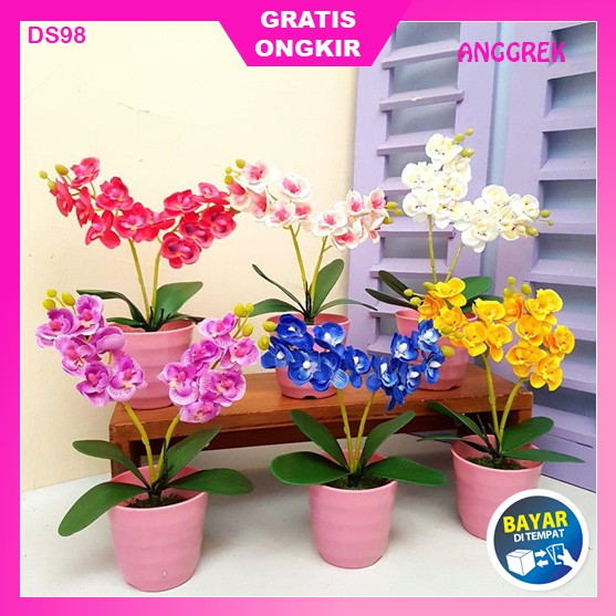 Bunga Tanaman Hias Hiasan Plastik Artificial Gantung Dinding Murah Anggrek Indoor Ruang Tamu Rumah