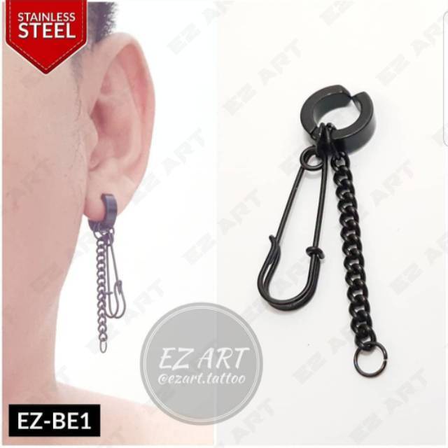 1Pc Model EZ-BE Black Hitam Anting Pria Wanita Jepit/Tusuk Variasi Bandul Peniti Punk Korea KPOP