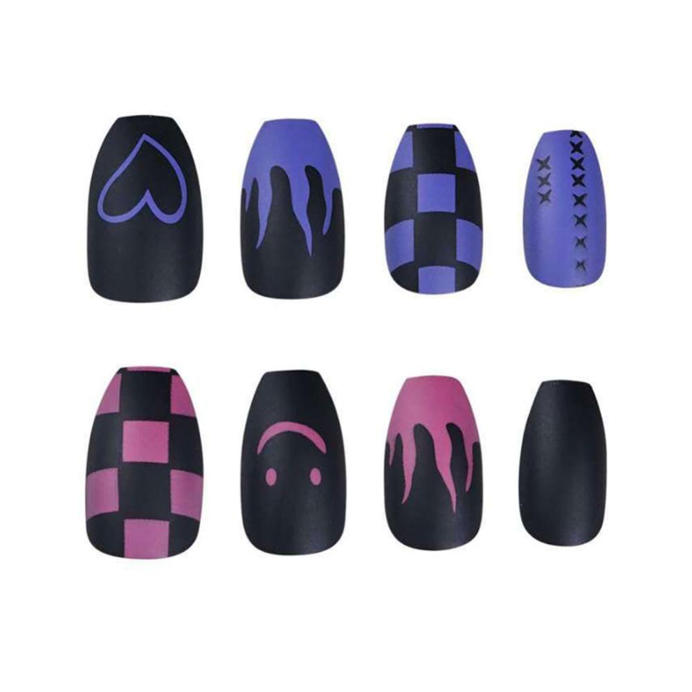 Timekey 24Pcs Kuku Palsu Panjang Matte Frosted Motif Api Biru Ungu Untuk Nail Art A7K1