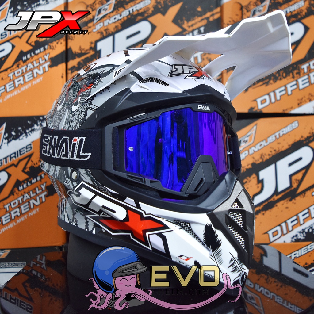 HELM JPX CROSS_FOX1 SERI  X13 - PEARL WHITE GLOSS + GOOGLE SNAIL (ONGKIR 2 KG) JPX X13 WHITE ORIGINAL HELM JPX MOTIF OWL BURUNG HANTU PAKET GANTENG GOOGLE SNAIL JPX HELM TRAIL ADVENTURE KLX X13 BURUNG HANTU HELM JPX TERBARU