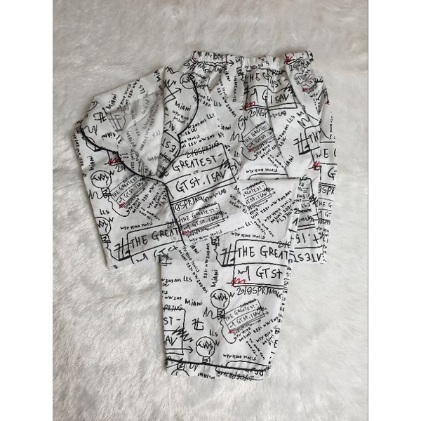 Baju Tidur Piyama Wanita/Cewek Pajamas Dewasa Katun Motif Daun-CP GRAFITTI WHITE