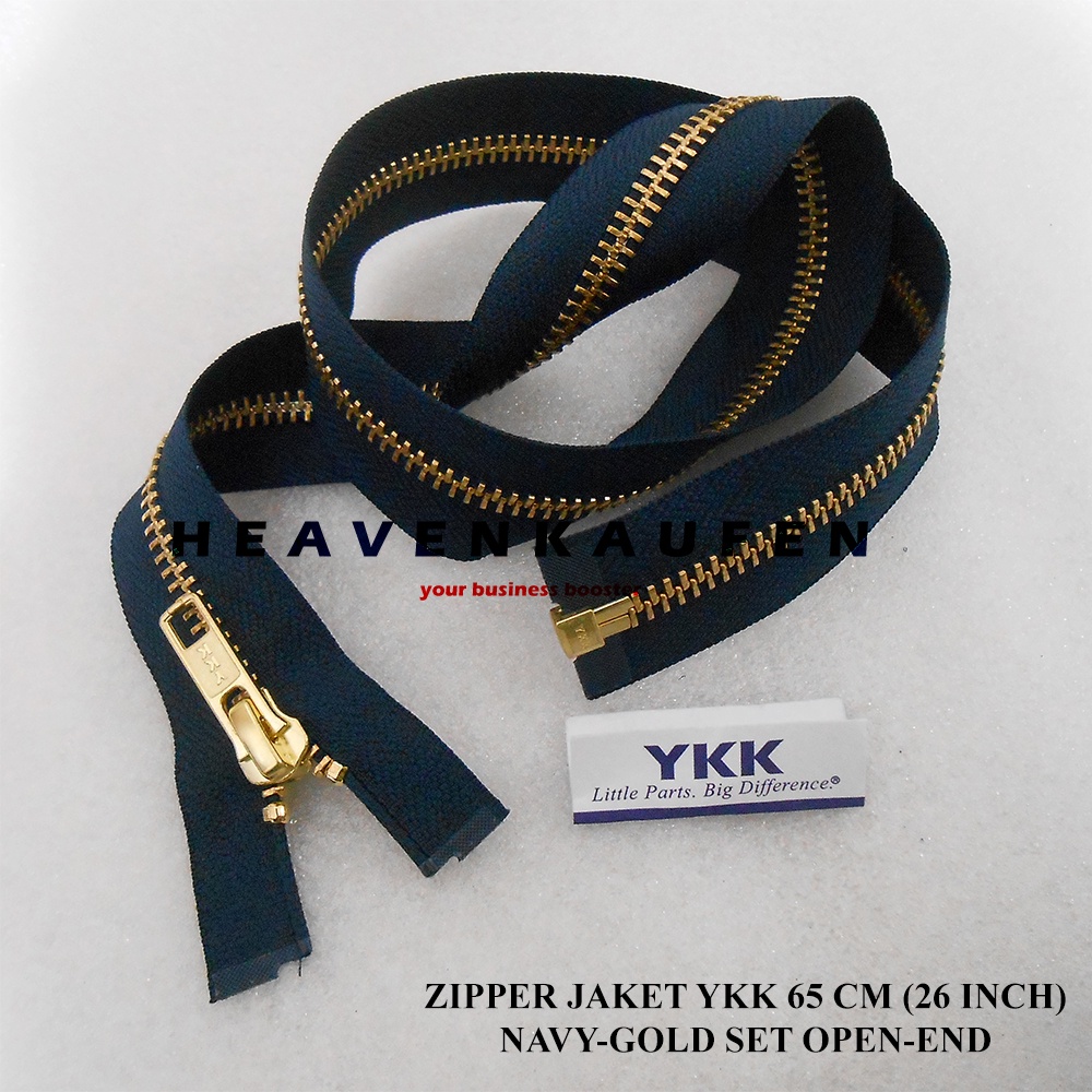 Resleting Zipper Jaket YKK 65 cm / 26 inch Warna Biru Navy Dongker - Gold Emas Set Open - End Buka - Lepas Type Gigi Besi