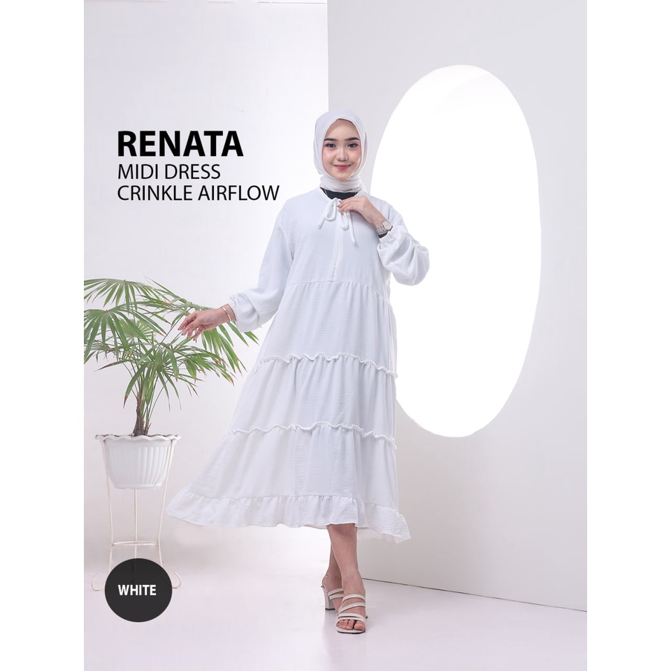 Midi Dress Renata Dress Wanita Crinkle Airflow Premium Baju Wanita Rempel Susun Fashion Wanita Kekinian