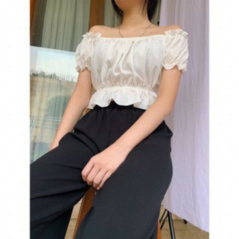 0Baju Sabrina Atasan Wanita Korean Crop Top Blouse Lilac Kerut/Serut  Jumbo/Big Size KAREN Sabrina