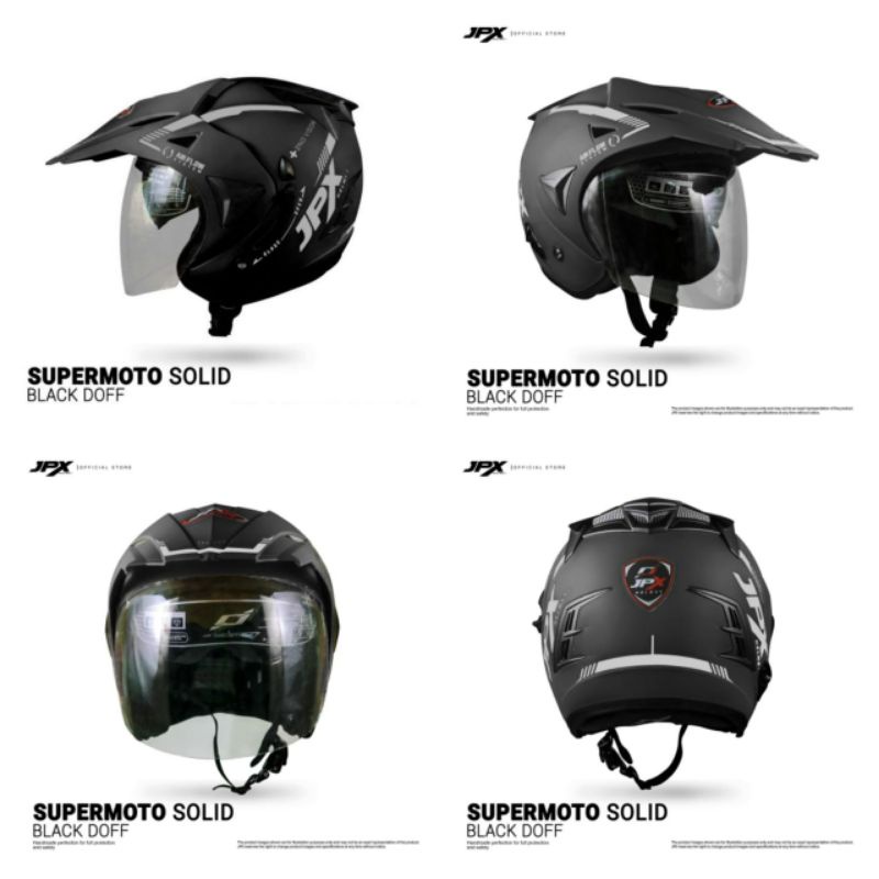 Helm JPX Supermoto Solid Black Doff Silver | JPX Semicross Semi Cross Polos Hitam Doff