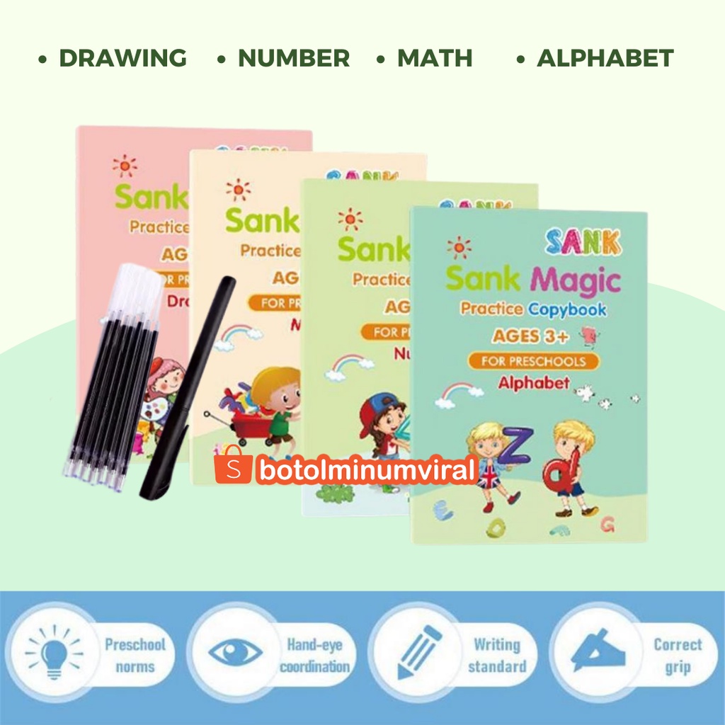 4 Buku Belajar Menulis Huruf Angka Membaca Menggambar Anak TK Paud Sank Magic Reusable Free Pen Dan Refill