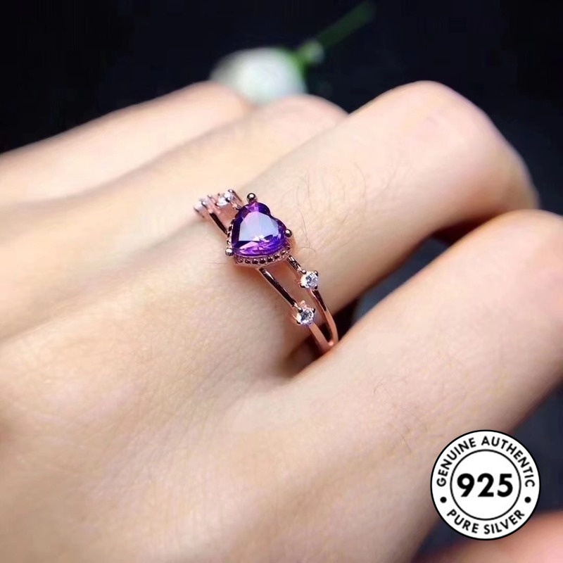 Cincin Sterling Silver 925 Dengan Kristal Warna Rose Gold / Ungu Elegan Untuk Wanita