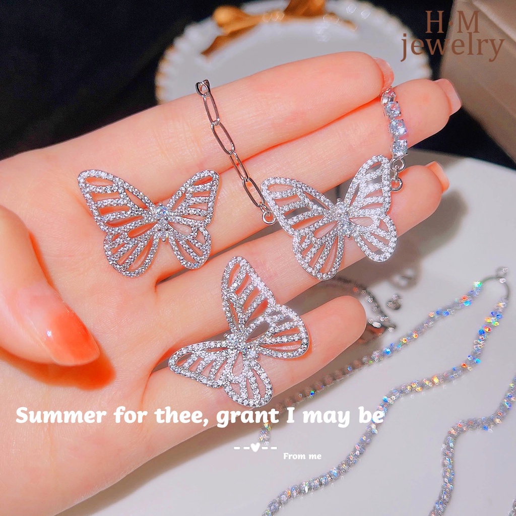 Butterfly Set Kalung + Anting Tusuk Motif Kupu-Kupu Aksen Rumbai Dapat Dilepas Untuk Wanita Butterfly