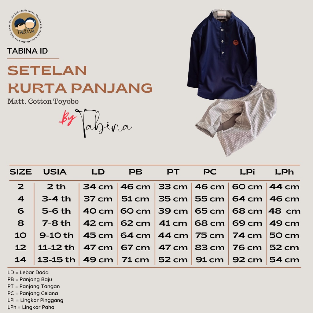 Setelan Koko Kurta Anak sampai Remaja Laki Laki Tabina Seri Omar usia 2 tahun hingga 15 tahun