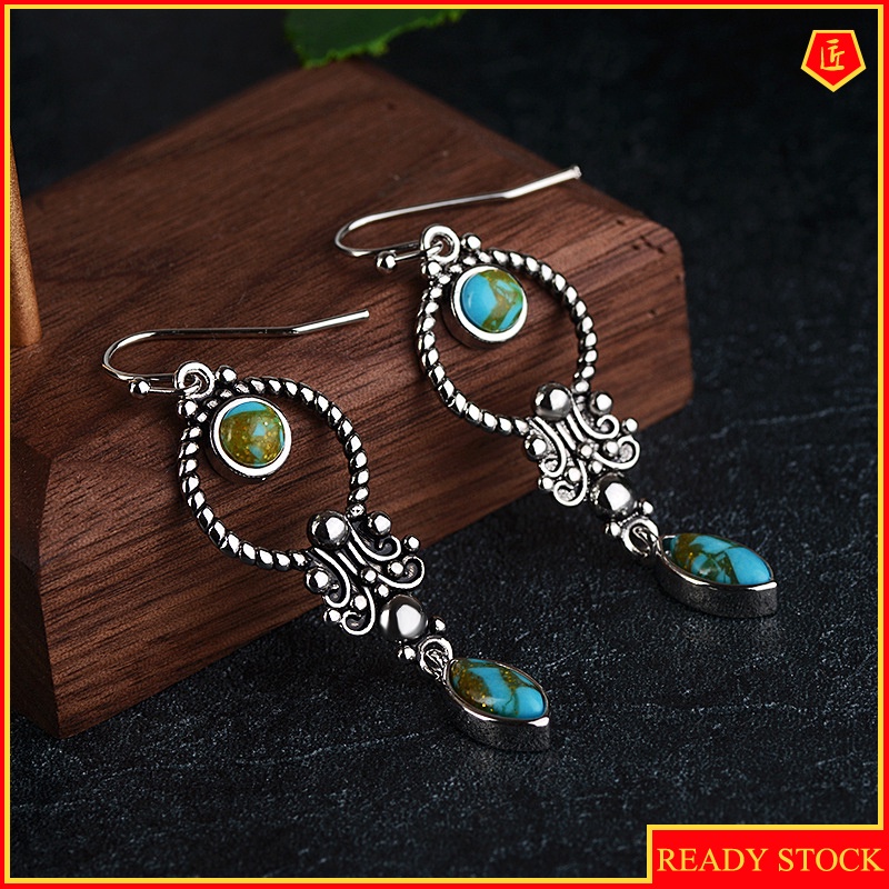 [Ready Stock]Creative Retro Silver Inlaid Turquoise Earrings