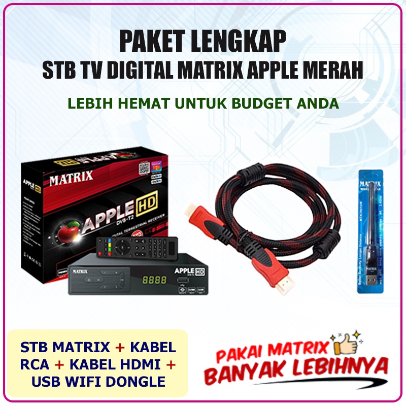 set top box tv digital matrix apple hd dvb t2 merah   wifi dongle   kabel hdmi   paket lengkap  