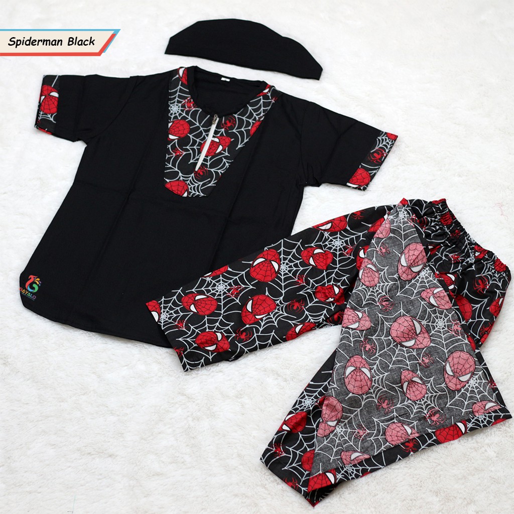 SARKOCI TURKI ANAK MOTIF SPIDERMAN HITAM/BAJU MUSLIM ANAK/GROSIR BAJU KOKO ANAK MODERN