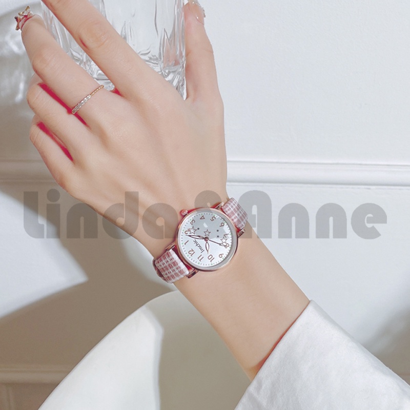 Jam Tangan Analog Wanita Strap Pu Kotak-Kotak Motif Bintang Aksespris Fashion