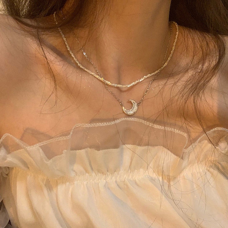 Qixi hadiah ~ set double-layer kalung cahaya mewah minoritas rasa desain kalung aksesoris baru hip h