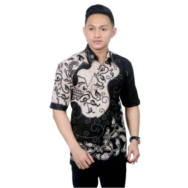 BATIK WILDAN - kemeja batik Lengan Pendek pria murah warna hitam manis / batik pria monokrom