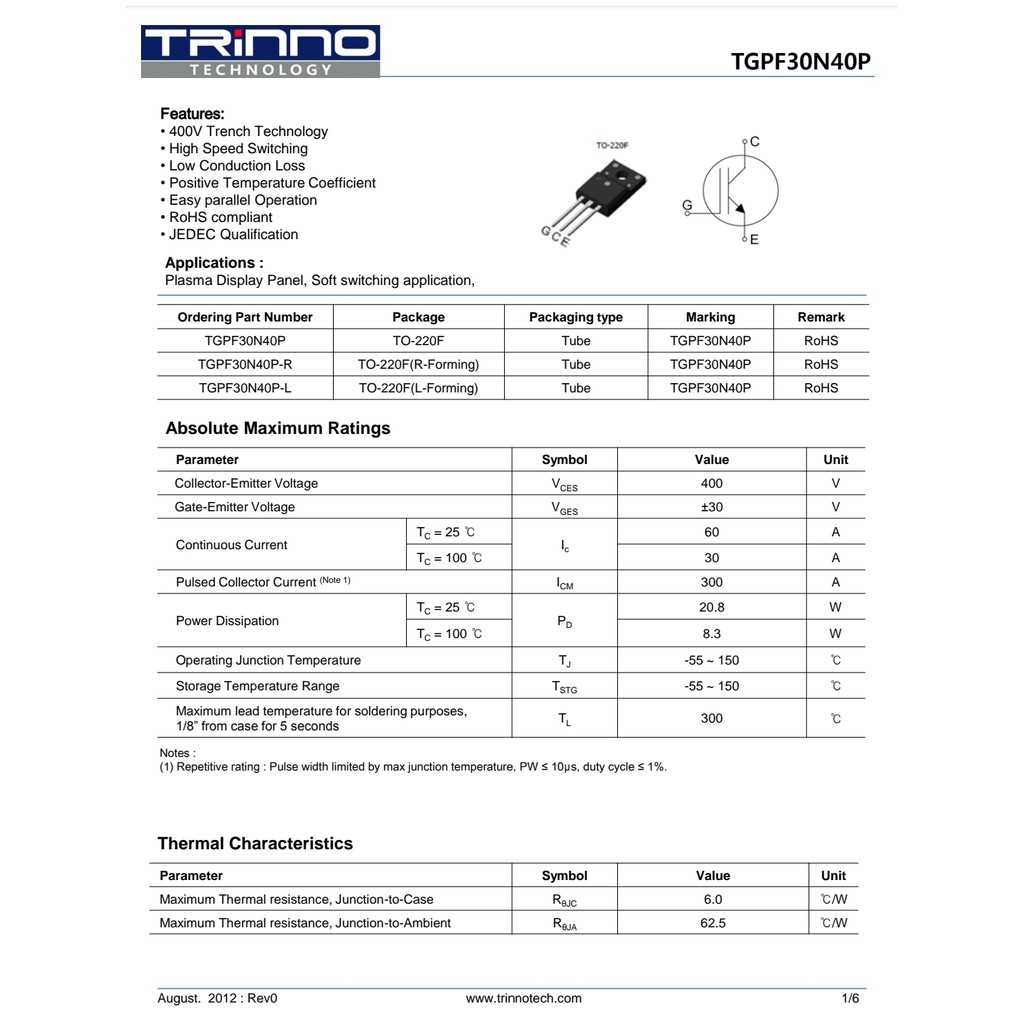 IGBT TGPF30N40P TO220 Bodi Plastik