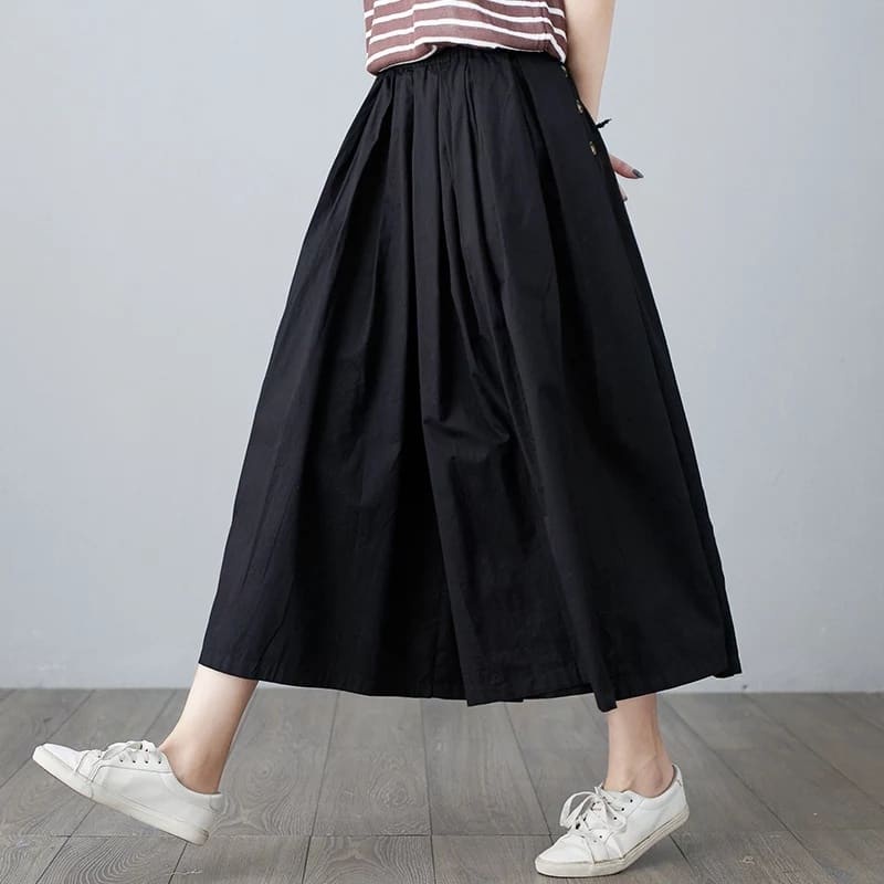 CELANA KULOT JUMBO - MIA PANTS KULOT LINEN OVERSIZE CROP SAKU PINGGIR - BAWAHAN WANITA KOREAN '-Black