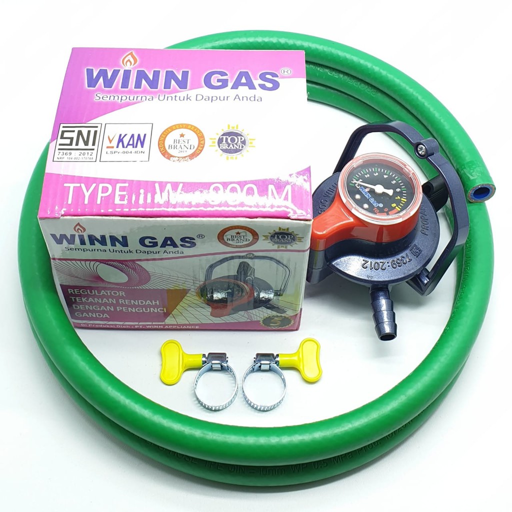 SET Winn Gas W-900M Meter + Selang HIJAU 5 Lapis 2 Mtr + 2 Klem Kuping / Regulator Gas + Selang Gas