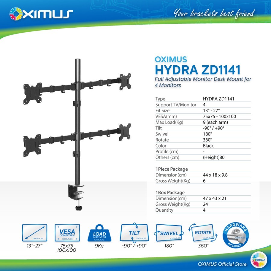 Bracket  Meja LCD LED TV 4 Monitor 13&quot; - 27&quot; OXIMUS HYDRA ZD1141 Desk Mount