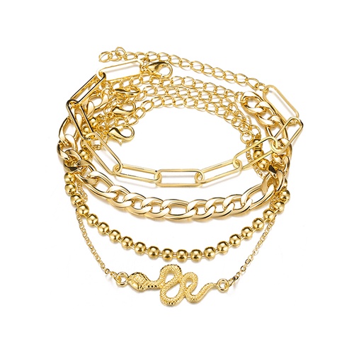 LRC Gelang Fashion Gold Color Snake-shaped Multilayer Metal Chain Anklets